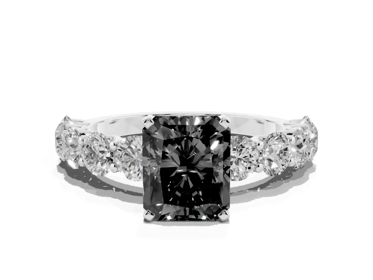 Fancy Black Radiant Cut Diamond Prong Setting with Side Stones on a Pave Band Silver