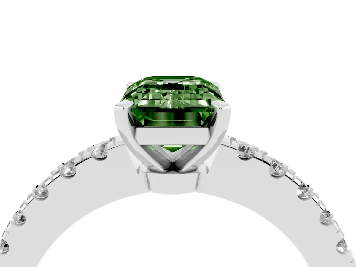 Fancy Green Emerald Cut Solitaire Diamond with Pavé Band and Four-Prong Setting Silver