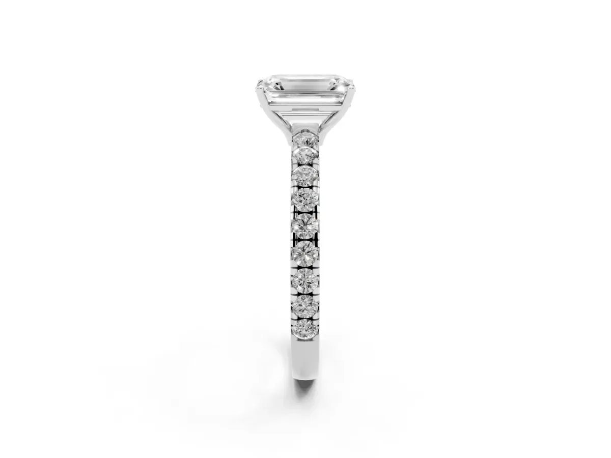 Emerald Cut Diamond Pavé Solitaire Engagement Ring with Four-Prong Setting Silver