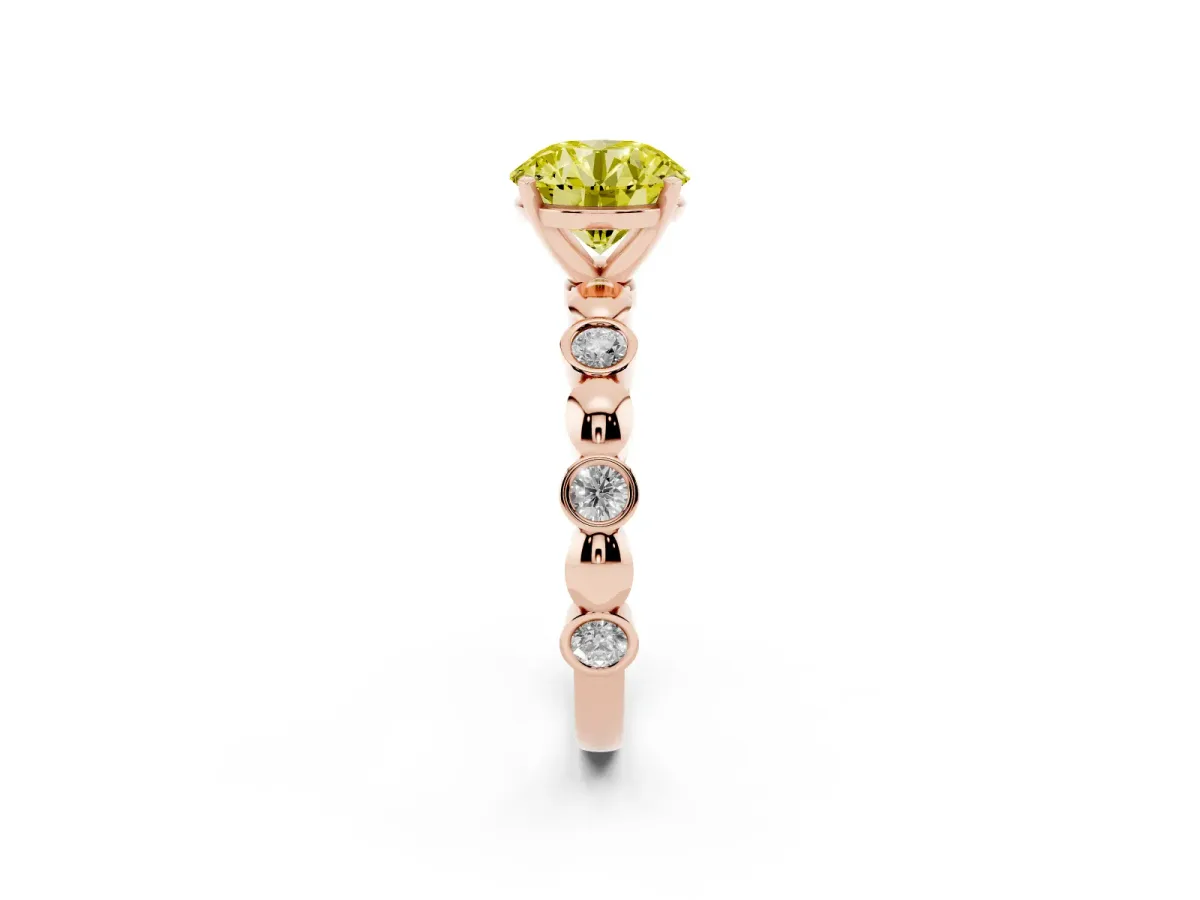 Fancy Yellow Round Cut Solitaire Bezel-Set Diamond Ring with Beaded Band and Four-Prong Setting Rose gold