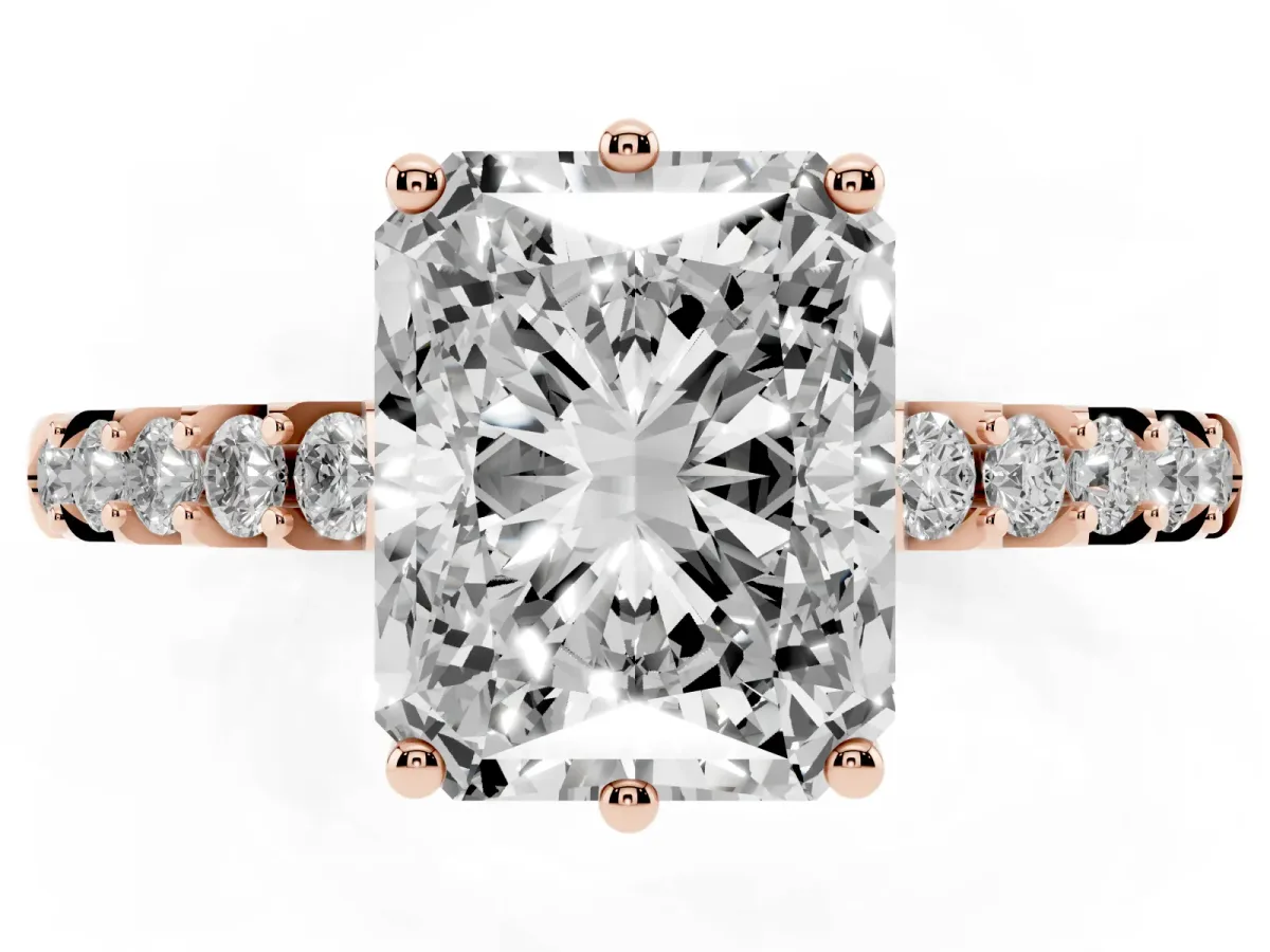 Radiant Cut Solitaire Diamond Engagement Ring with Pavé Band and Six-Prong Setting Rose gold