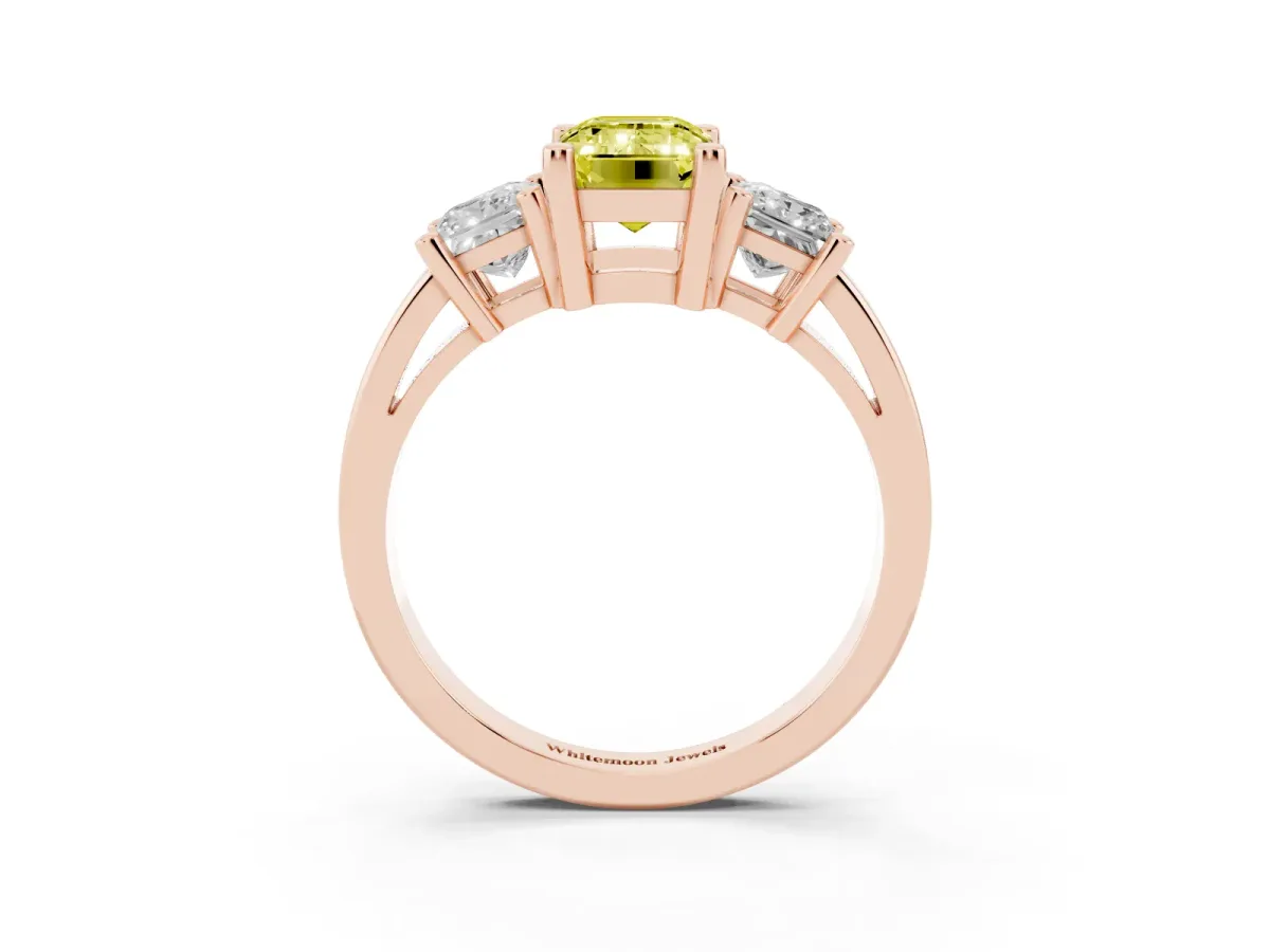 Fancy Yellow Three-Stone Emerald Cut Cut Solitaire Ring with Prong Setting Rose gold