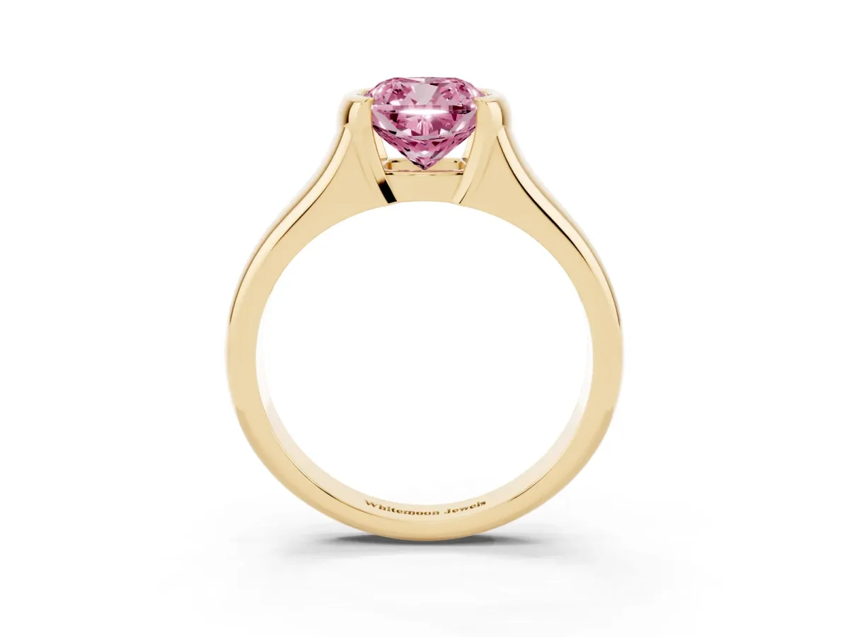 Fancy Pink Cushion Cut Solitaire Tension Set Diamond Ring with Split Shank Band Yellow gold