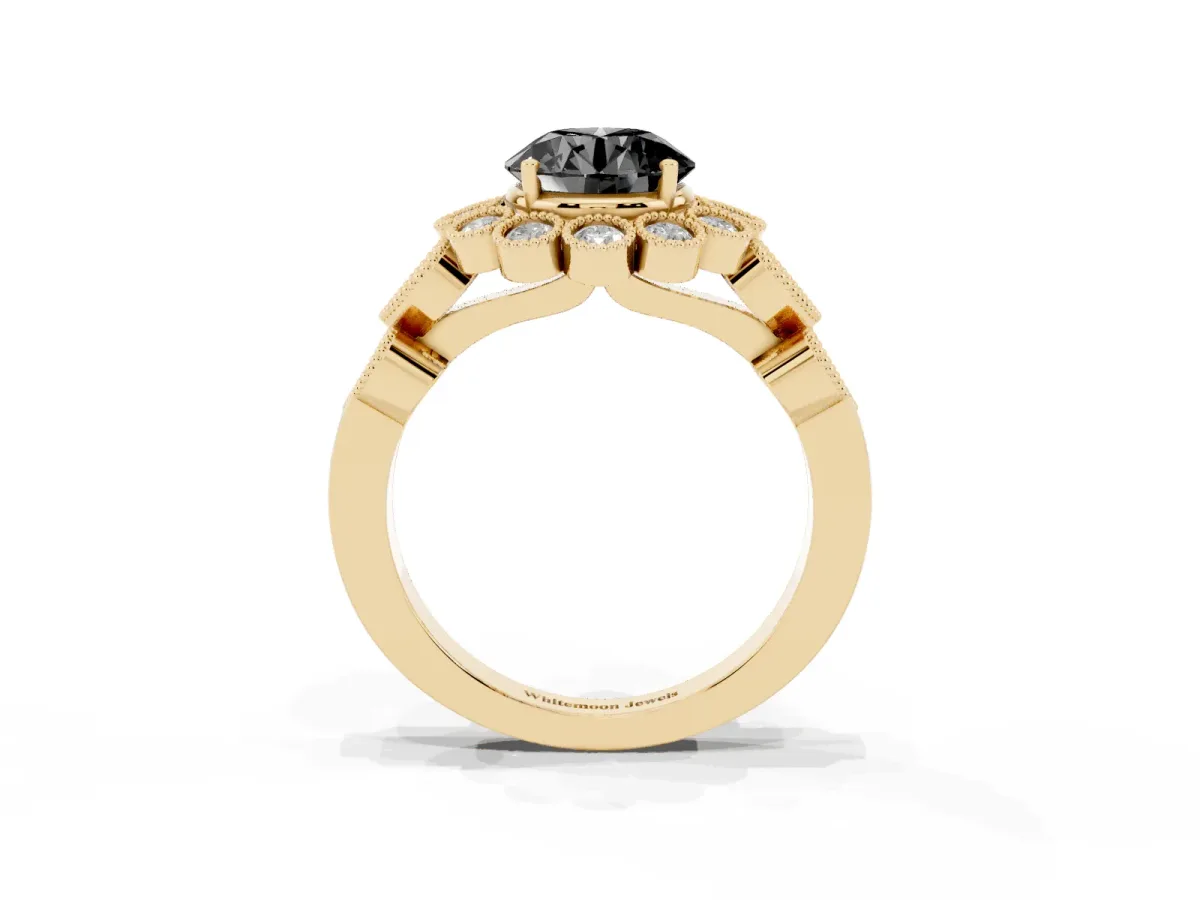 Fancy Black Round Cut Brilliant Milgrain Pave Heart Band Solitaire Ring Yellow gold