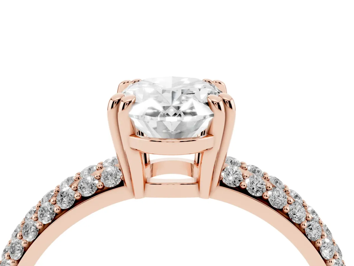 Oval Cut Diamond Solitaire Ring with Multi-Row Round Pavé Band and Prong Setting Rose gold