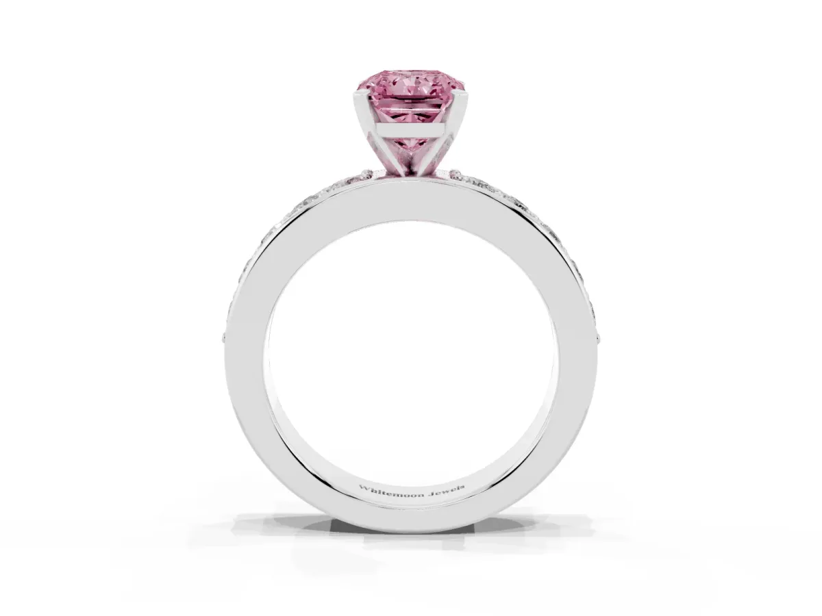 Fancy Pink Radiant Cut Diamond Engagement Ring with Channel Set Round Band and Prong Setting Platinum