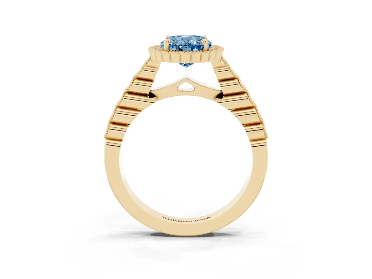 Fancy Blue Oval Cut Cut Halo Pavé Solitaire Ring with Milgrain Band Yellow gold