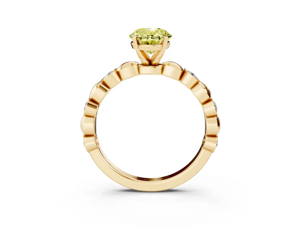 Fancy Yellow Oval Cut Solitaire Bezel-Set Diamond Ring with Beaded Band and Four-Prong Setting Yellow gold