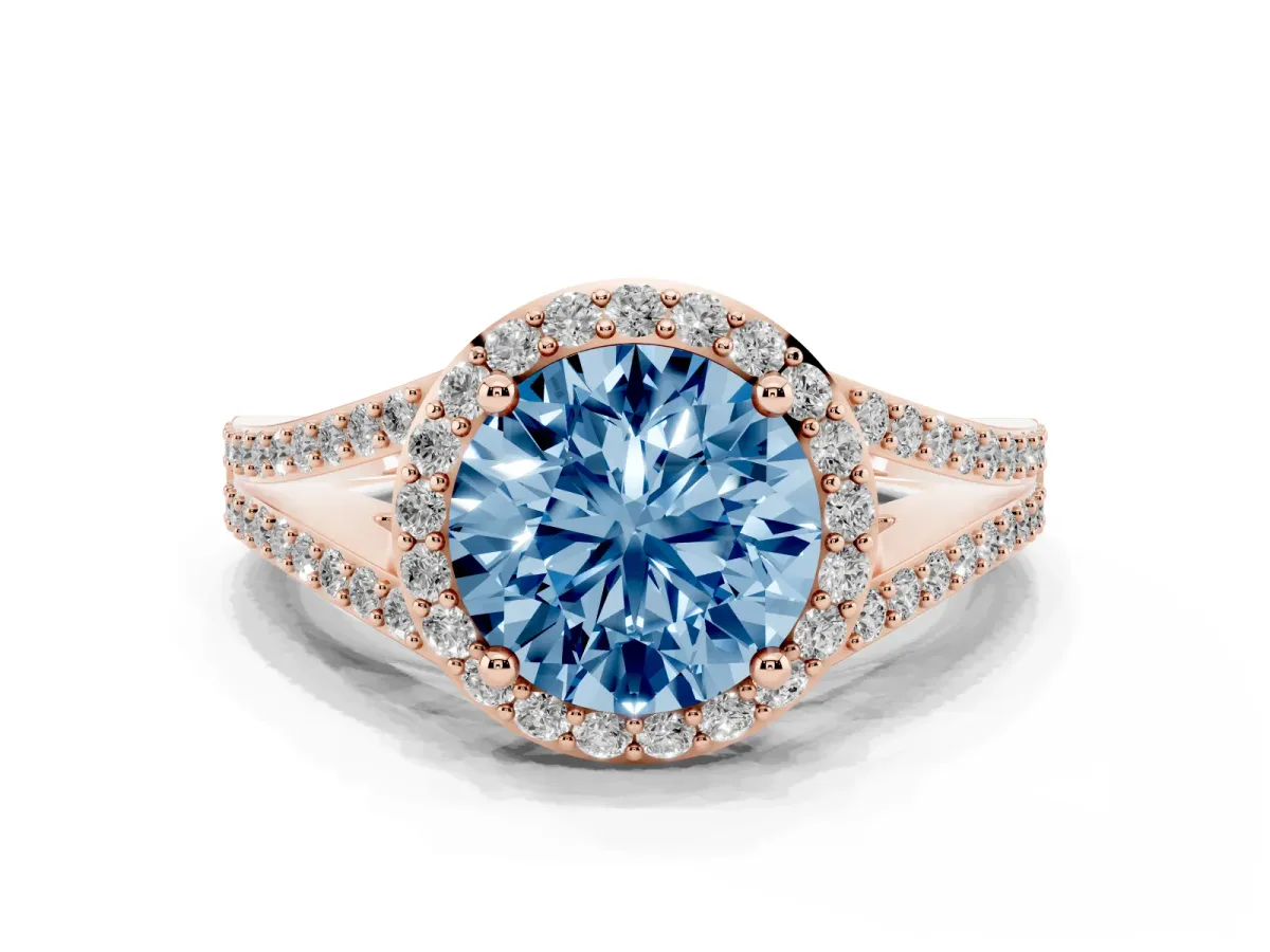 Fancy Blue Round Cut Halo Split Shank Pave Diamond Ring with Four-Prong Setting Rose gold
