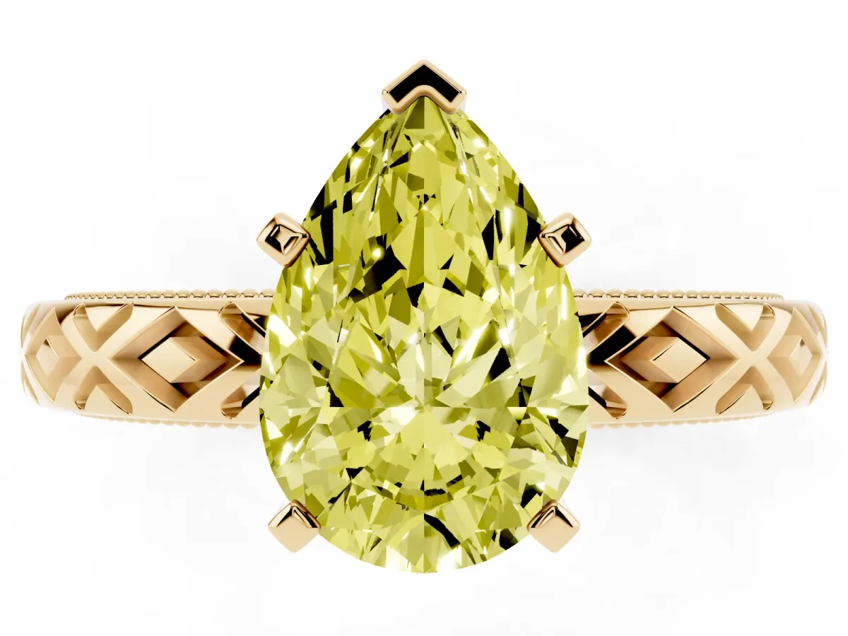 Fancy Yellow Pear Cut Solitaire Diamond Ring with Milgrain and Black Enamel X Pattern Band Yellow gold