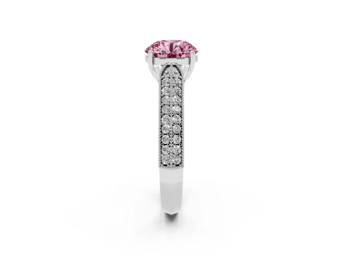 Fancy Pink Round Cut Cut Pave Split Shank Engagement Ring with Four-Prong Setting White gold