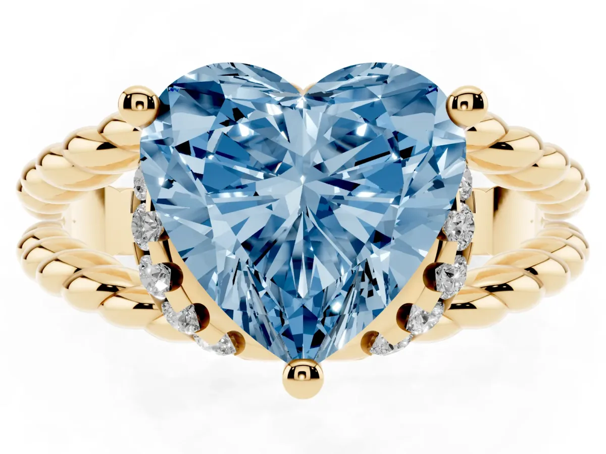 Fancy Blue Heart Cut Halo Twisted Band Four-Prong Ring Yellow gold