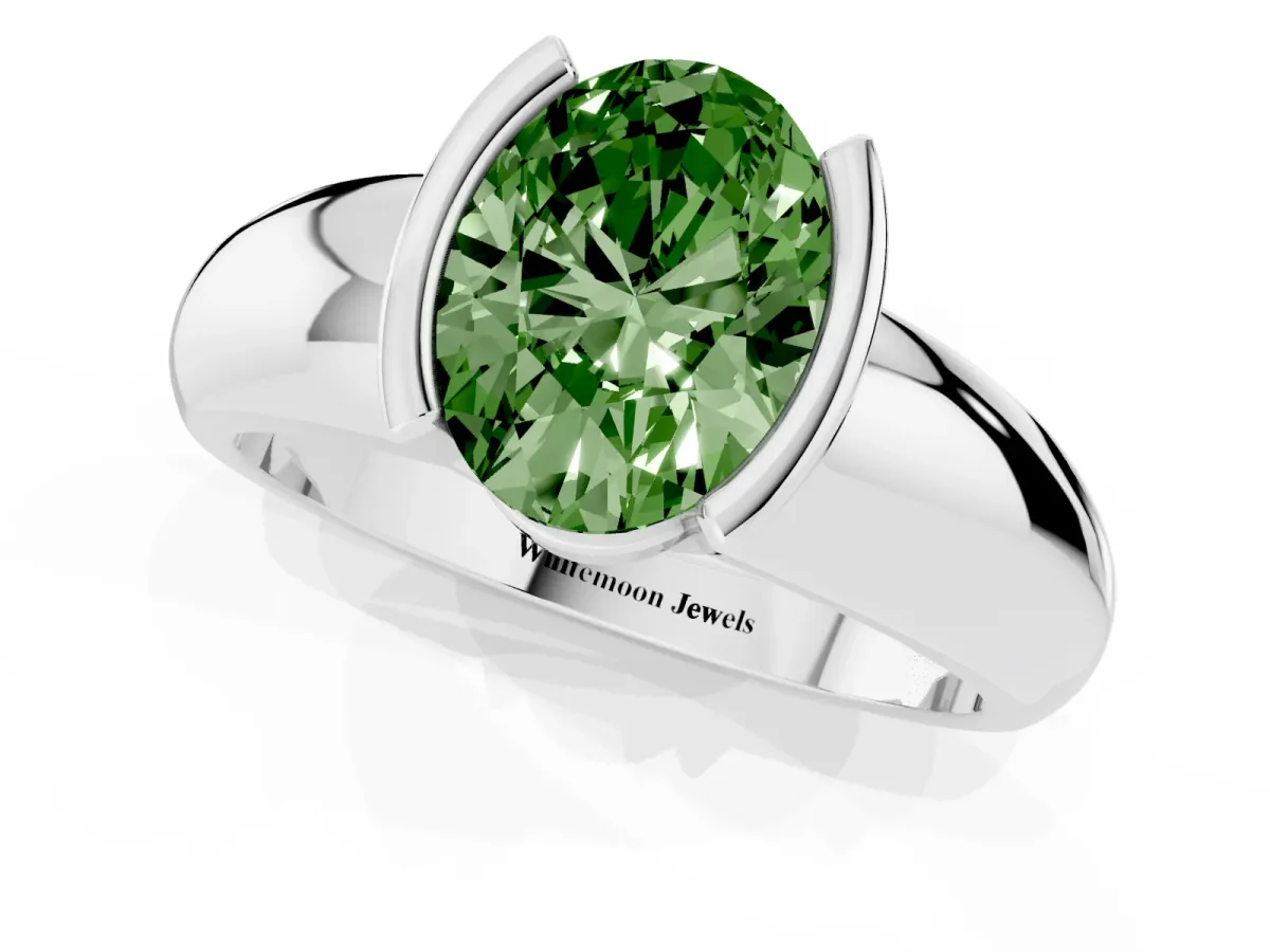 Fancy Green Oval Cut Solitaire Tension Set Diamond Ring with Wide Band Silver