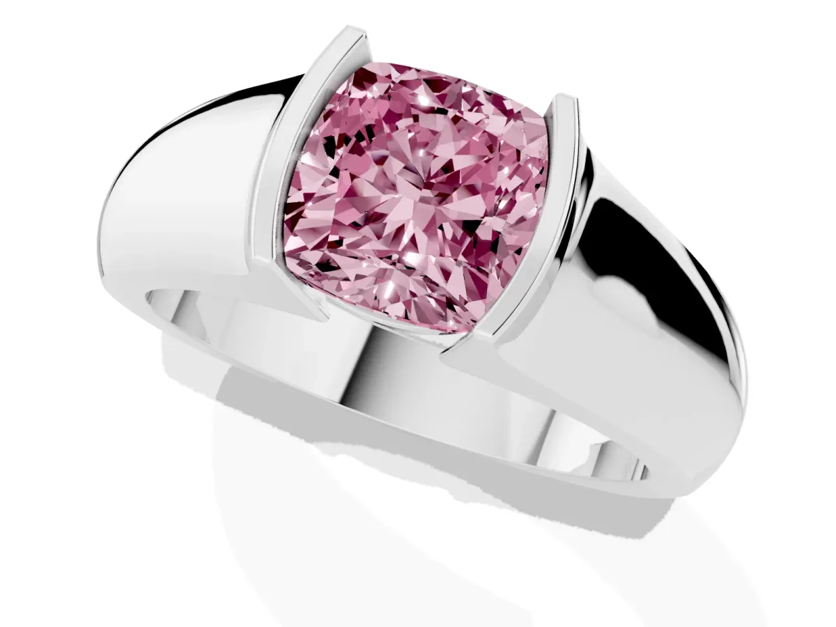 Fancy Pink Cushion Cut Solitaire Bezel Set Diamond Ring with Wide Band Silver