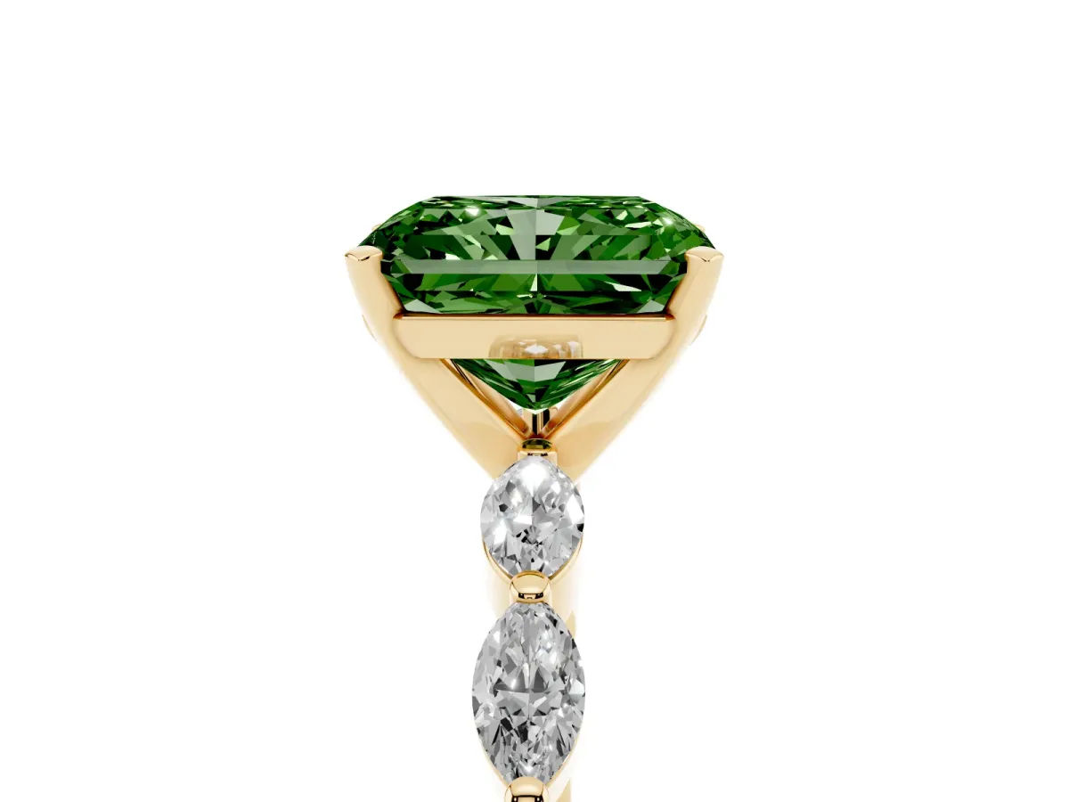 Fancy Green Radiant Cut Diamond Ring with Marquise Side Stones and Prong Setting Yellow gold