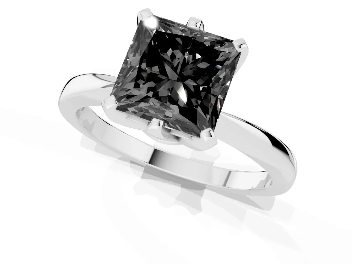 Fancy Black Princess Cut Solitaire Engagement Ring with Six-Prong Setting and Tapered Band Platinum