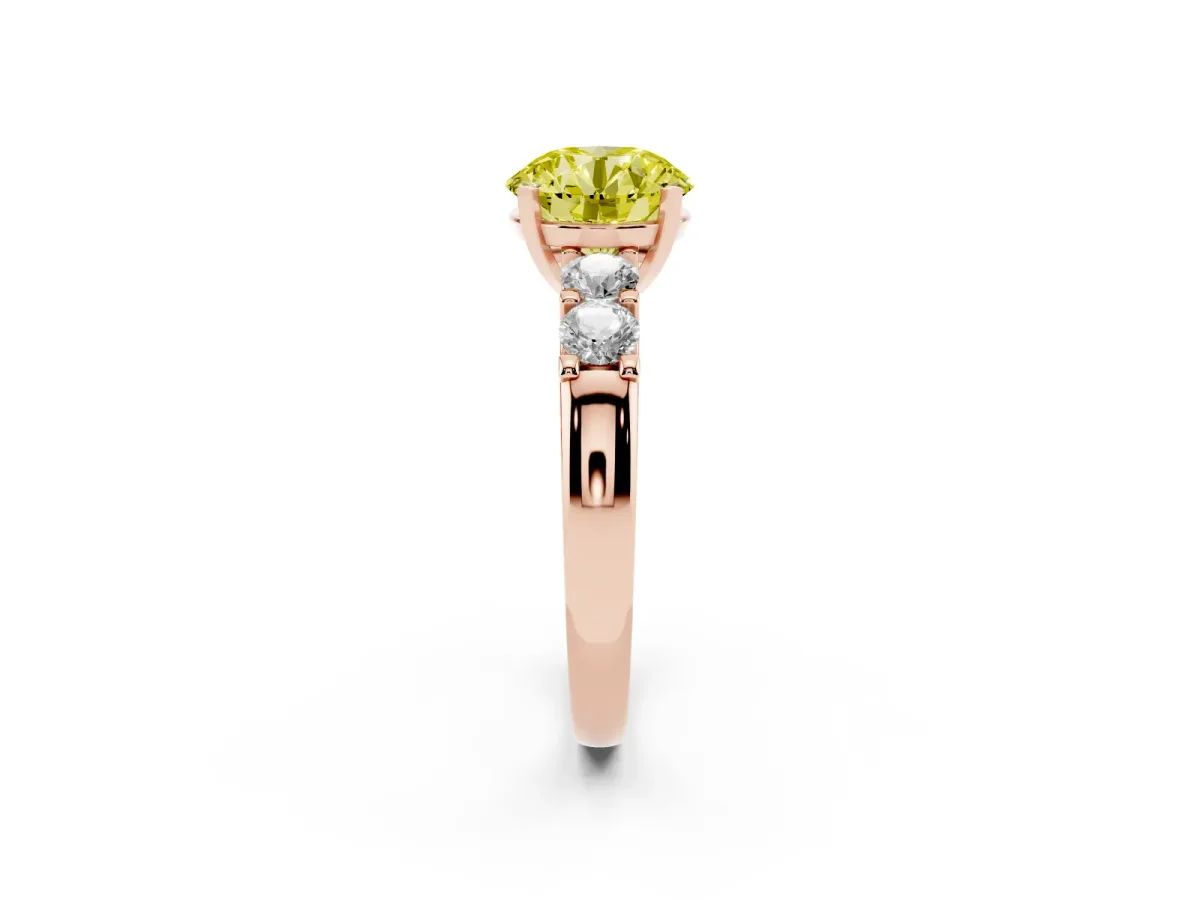 Fancy Yellow Round Cut Brilliant Cut Diamond Five-Stone Prong Set Engagement Ring with Channel Band Rose gold