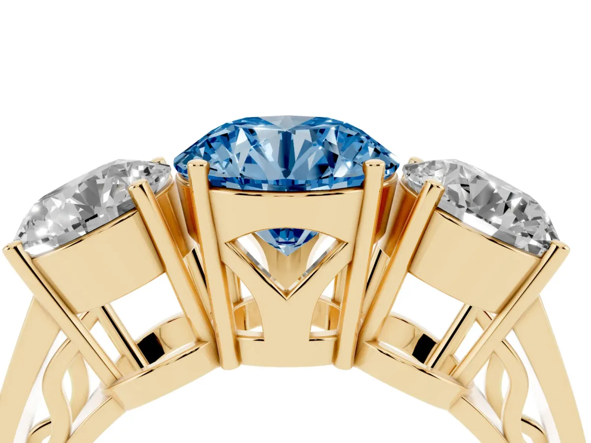 Fancy Blue Round Cut Diamond Three-Stone Ring with Prong Setting and Textured Band Yellow gold