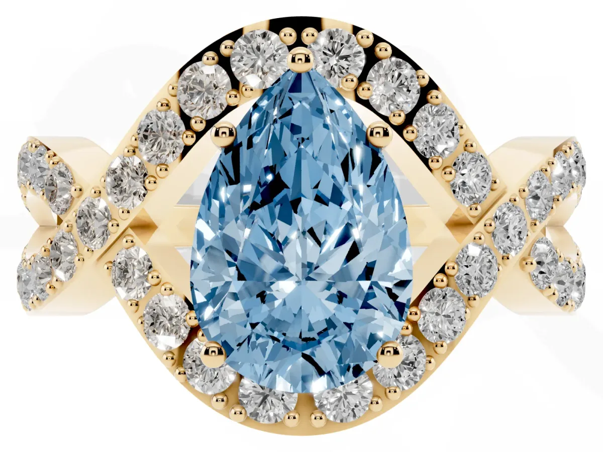 Fancy Blue Pear Cut Solitaire Twist Band Pavé Diamond Engagement Ring Yellow gold