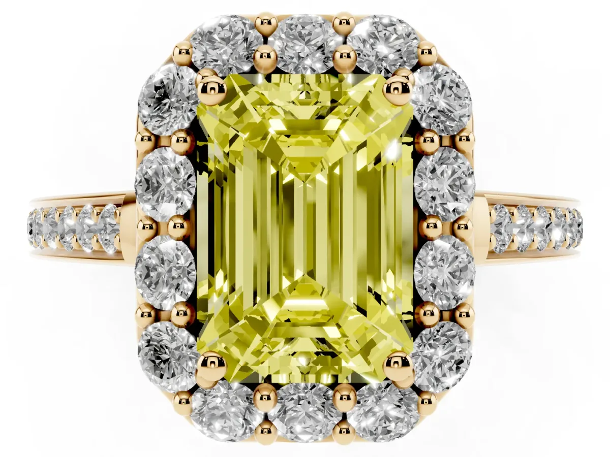 Fancy Yellow Emerald Cut Diamond Floral Halo Ring with Pavé Band and Prong Setting Yellow gold