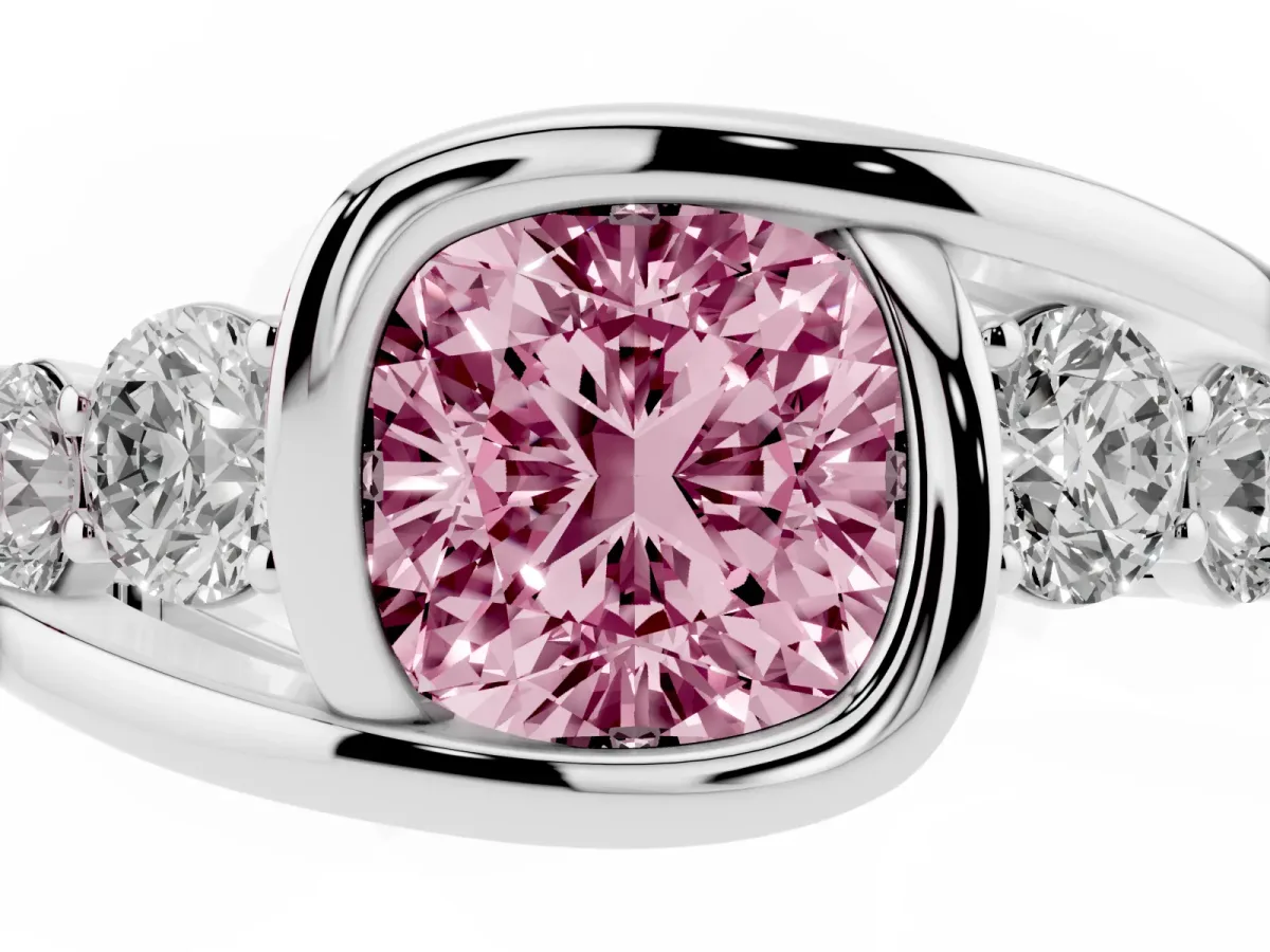 Fancy Pink Bezel Set Cushion Cut Diamond Bypass Ring with Round Accents Platinum