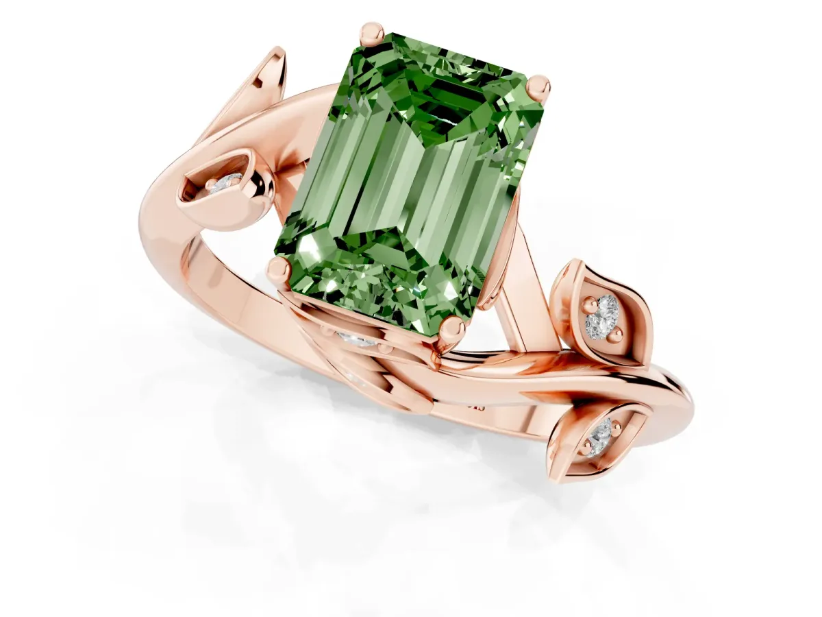 Fancy Green Emerald Cut Solitaire Twist Engagement Ring with Leaf Accents and Prong Setting Rose gold
