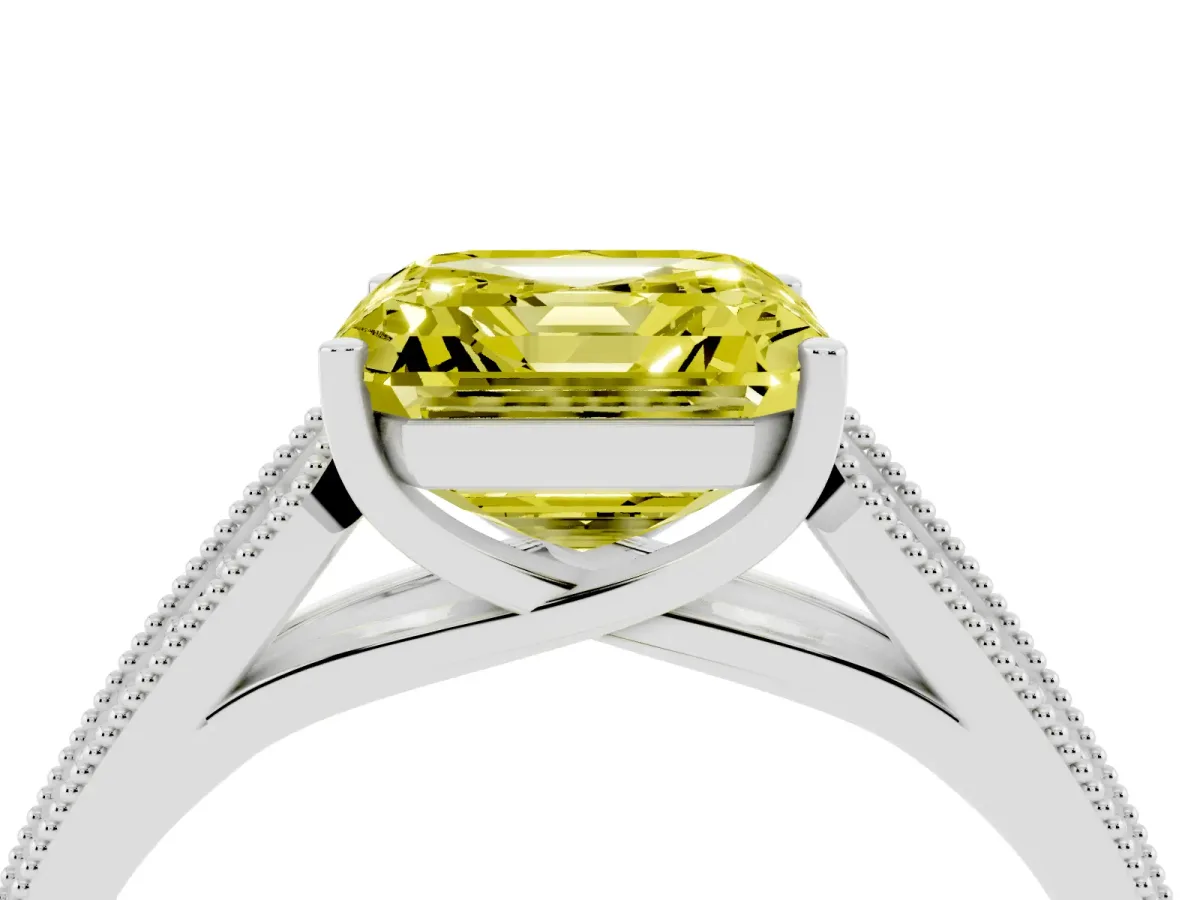 Fancy Yellow Asscher Cut Cut Pave Split Shank Engagement Ring with Four-Prong Setting Platinum
