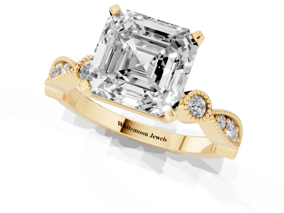 Asscher Cut Milgrain Bezel Diamond Engagement Ring with Solitaire Prong Setting Yellow gold