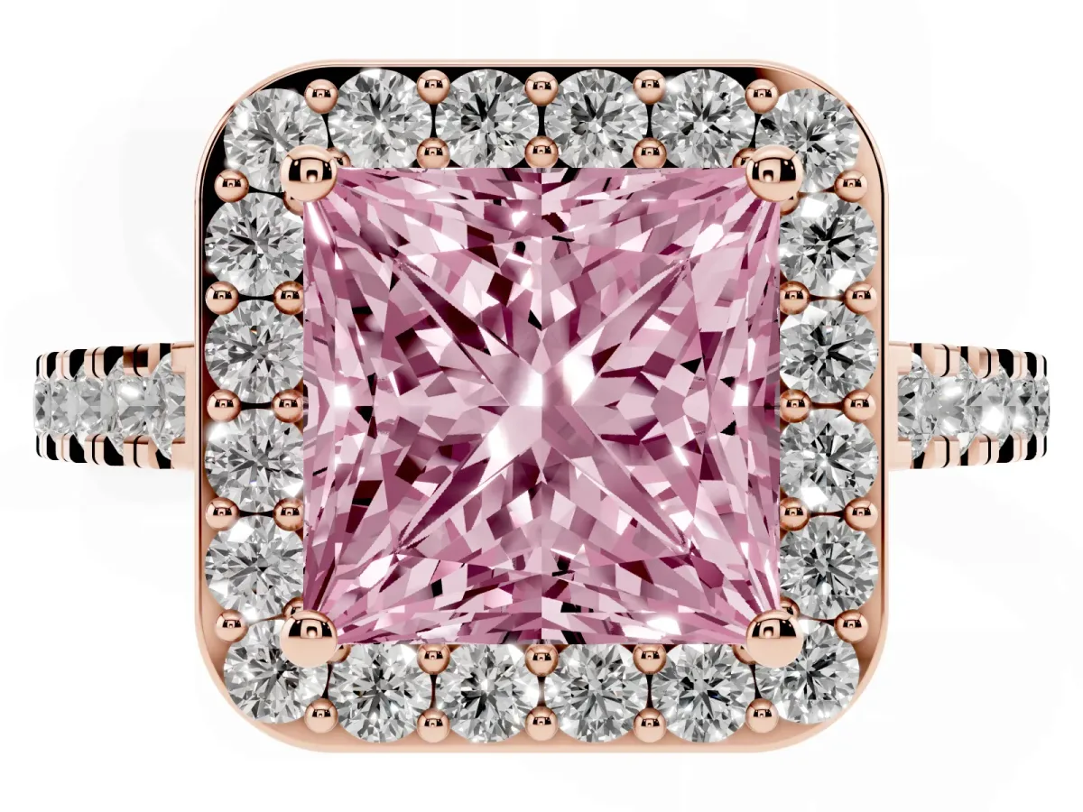 Fancy Pink Princess Cut Diamond Halo Ring with Round Pavé Split Shank and Prong Setting Rose gold