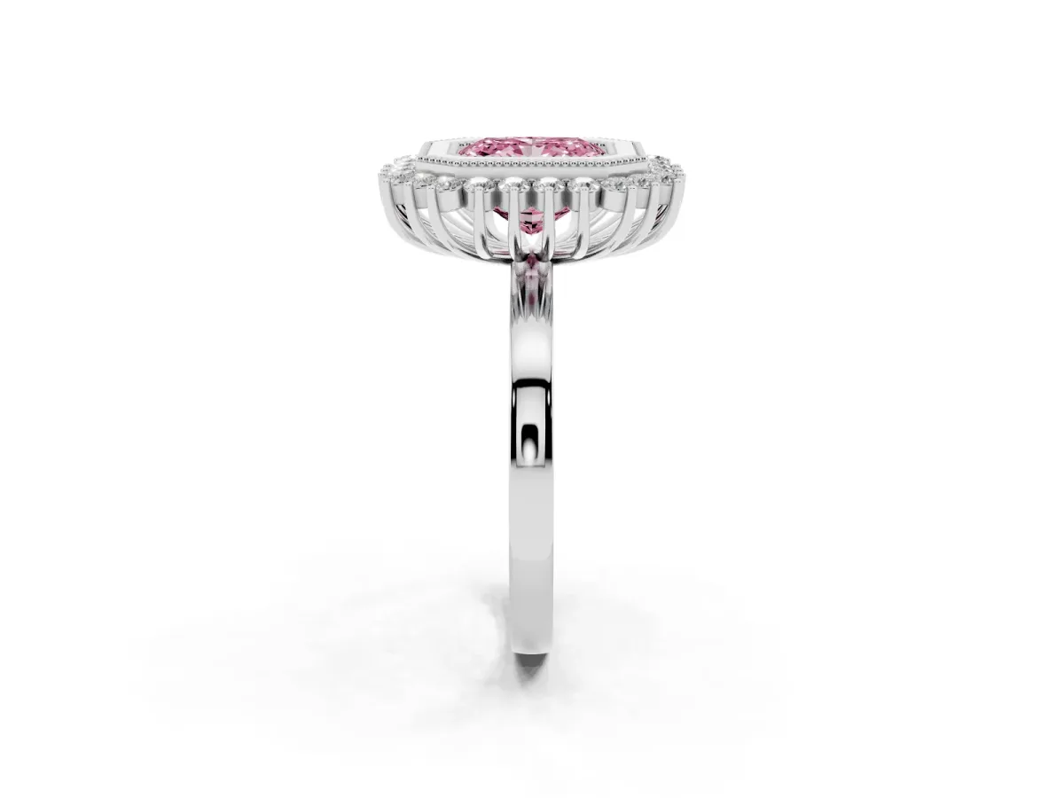 Fancy Pink Radiant Cut Halo Diamond Ring with Milgrain Edge and Round Prong Setting Silver
