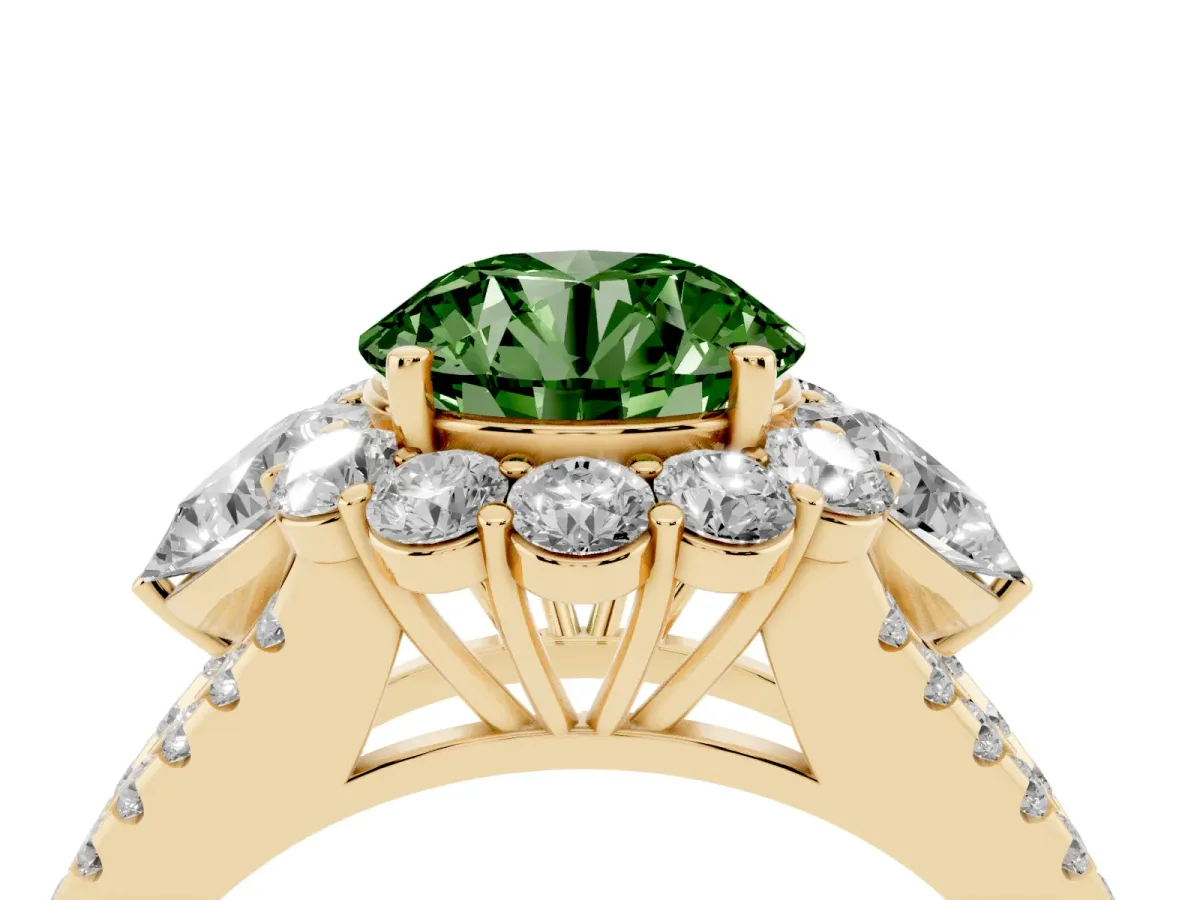 Fancy Green Round Cut Halo Split Shank Diamond Engagement Ring with Prong Setting Yellow gold