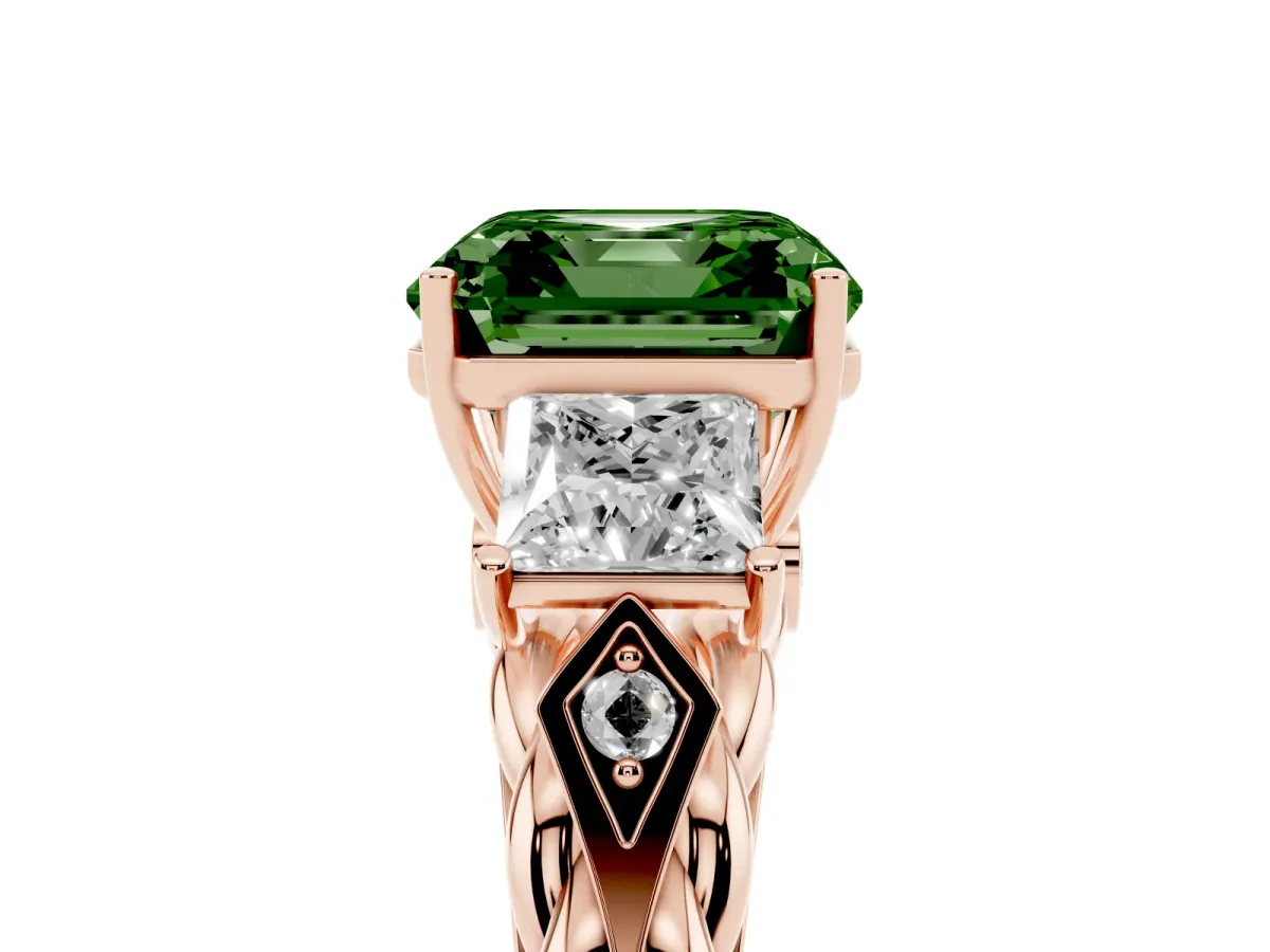Fancy Green Three-Stone Asscher Cut Diamond Braided Band Ring with Four-Prong Setting Rose gold
