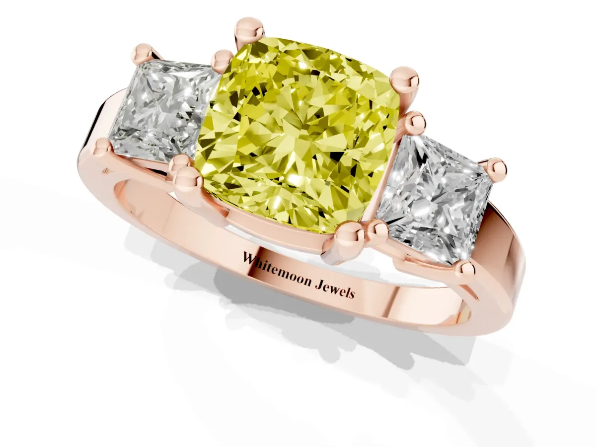 Fancy Yellow Three-Stone Cushion Cut Cut Solitaire Ring with Prong Setting Rose gold