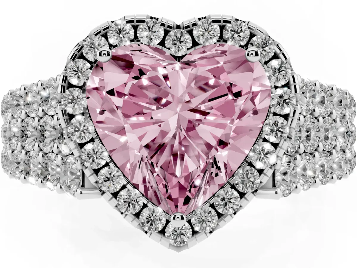 Fancy Pink Heart Cut Diamond Halo Engagement Ring with Triple Row Round Pavé Band and Prong Setting Silver
