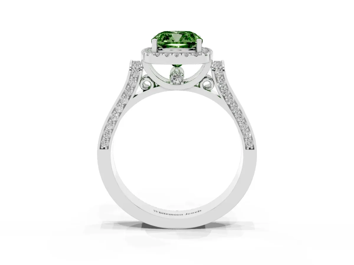 Fancy Green Cushion Cut Halo Pave Split Shank Prong Setting Ring Silver