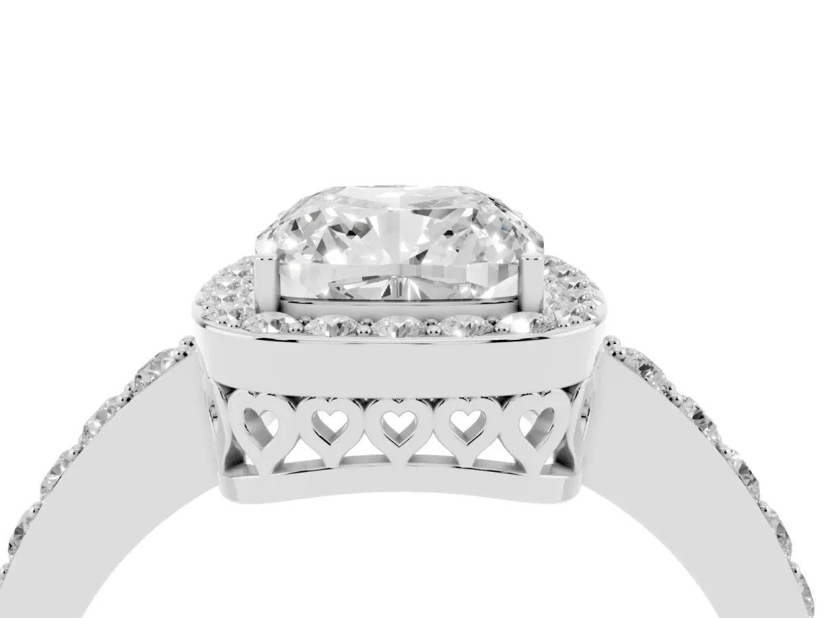 Cushion Cut Halo Diamond Pavé Band Ring with Prong Setting Silver