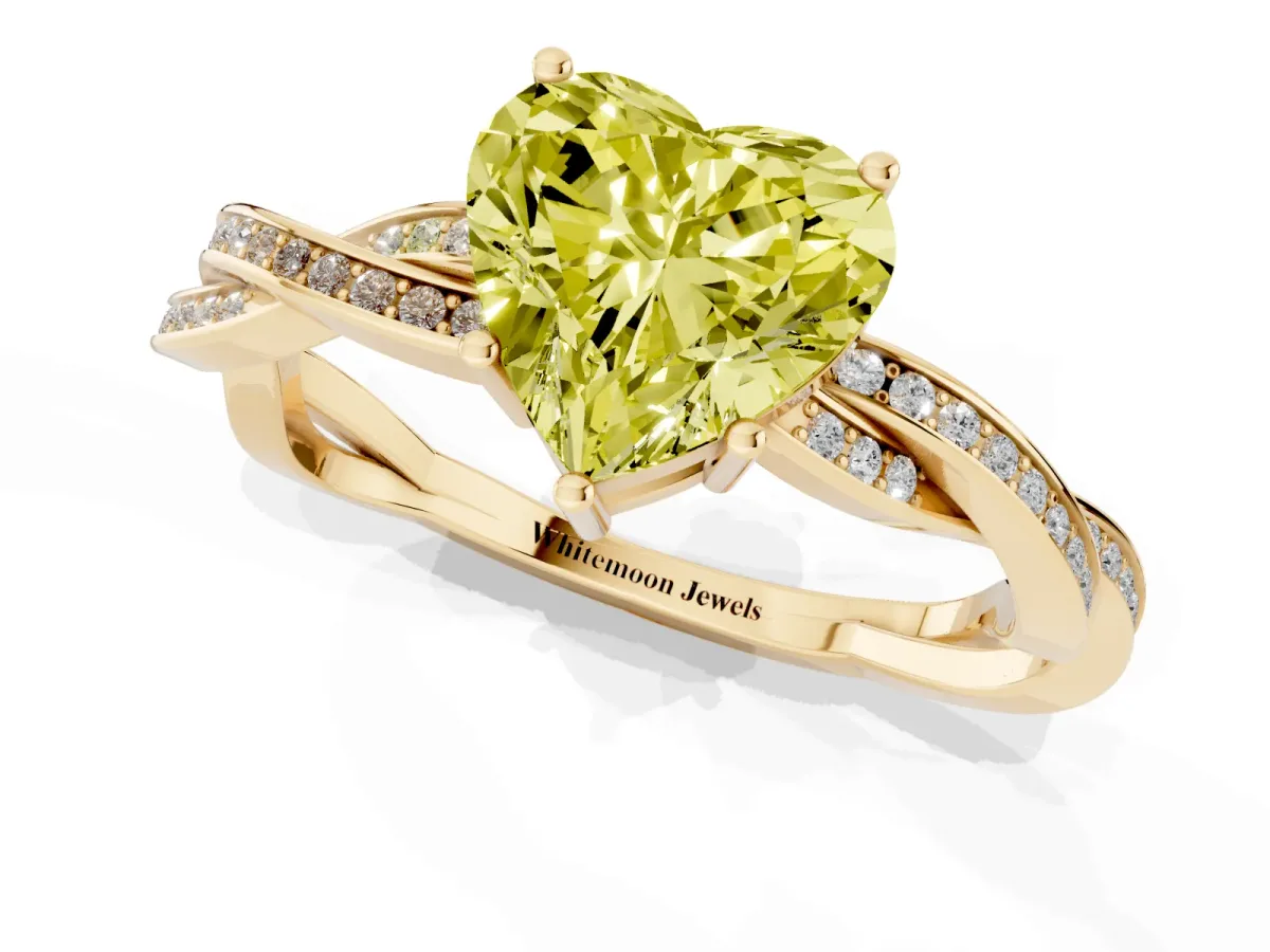 Fancy Yellow Heart Cut Solitaire Twisted Pave Diamond Ring with Four-Prong Setting Yellow gold