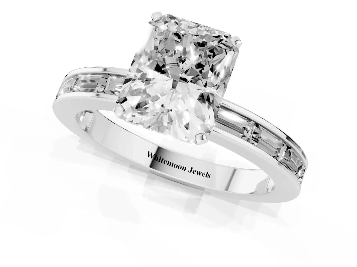 Radiant Cut Solitaire Diamond Ring with Channel-Set Baguette Band and Four-Prong Setting White gold