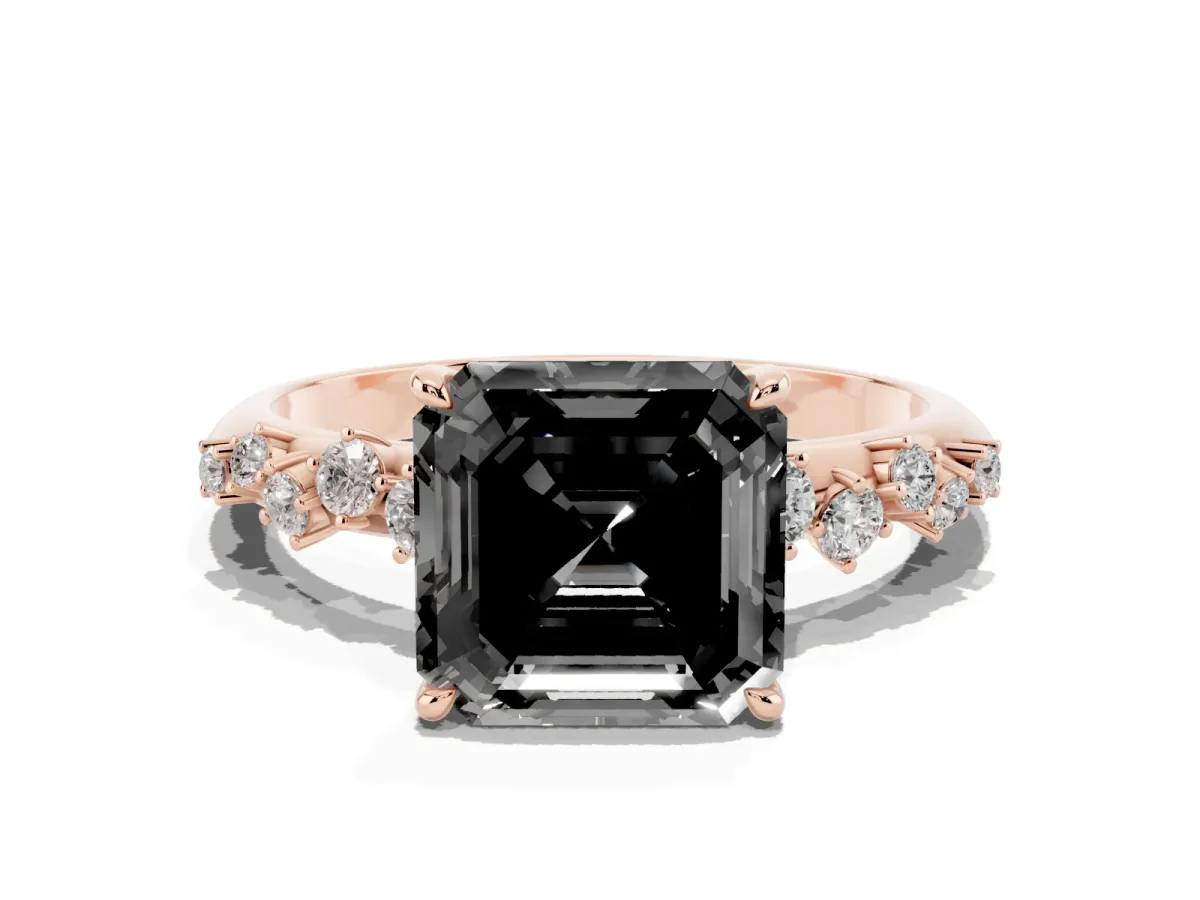Fancy Black Asscher Cut Diamond Cluster Side Stone Solitaire Ring with Prong Setting Rose gold