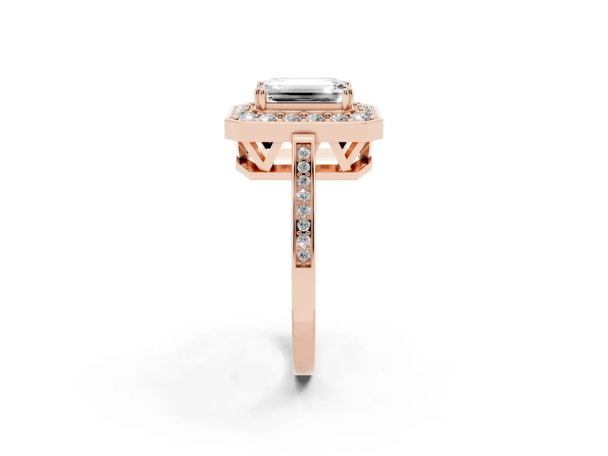Emerald Cut Diamond Halo Ring with Split Shank and Four-Prong Setting Rose gold
