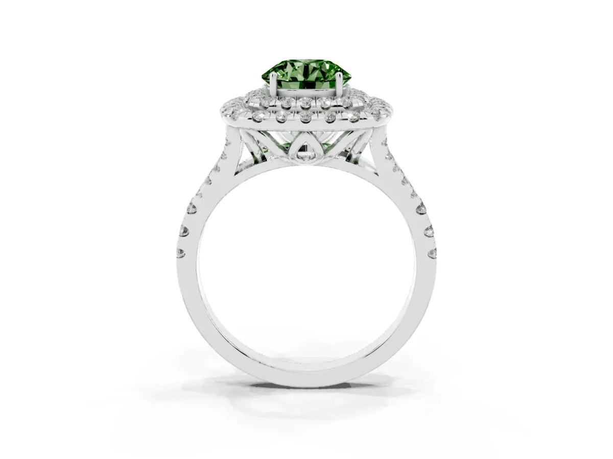Fancy Green Double Halo Round Cut Diamond Pavé Split Shank Ring with Prong Setting White gold