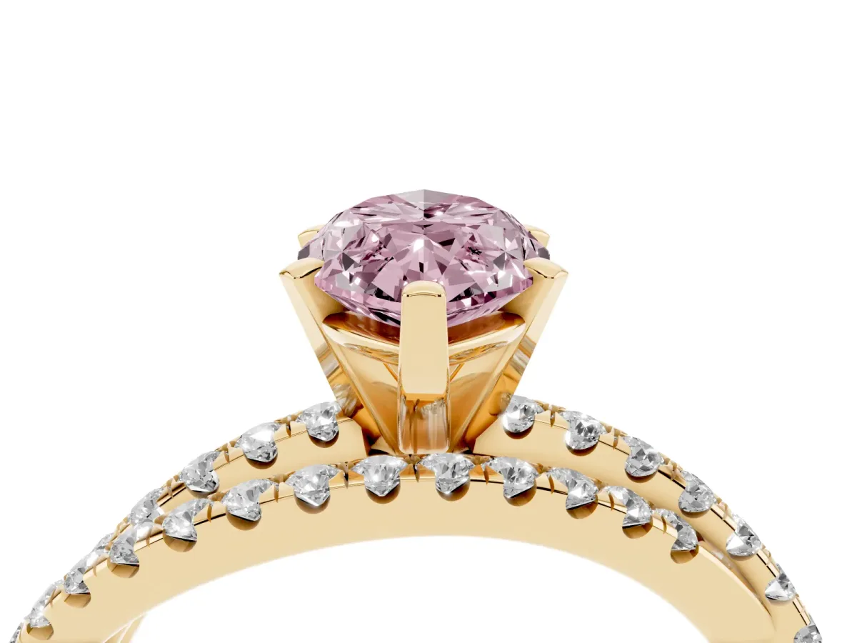 Fancy Pink Marquise Cut Solitaire Twist Band with Pavé Setting and Four-Prong Setting Yellow gold