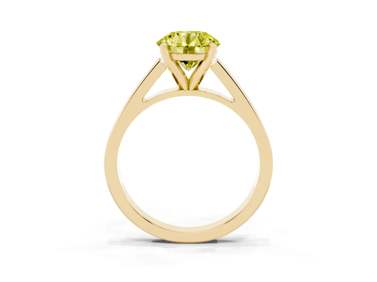 Fancy Yellow Round Cut Solitaire Engagement Ring with Four-Prong Setting and Tapered Band Yellow gold