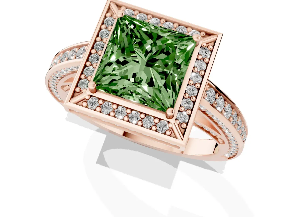 Fancy Green Princess Cut Cut Halo Pave Split Shank Prong Setting Ring Rose gold