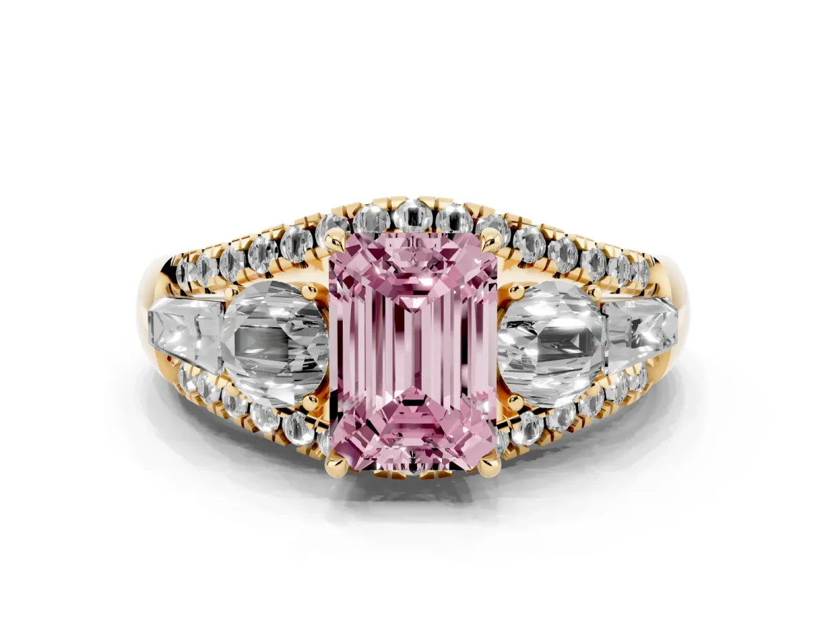 Fancy Pink Three-Stone Emerald Cut Diamond Engagement Ring with Pave Band and Prong Setting Yellow gold