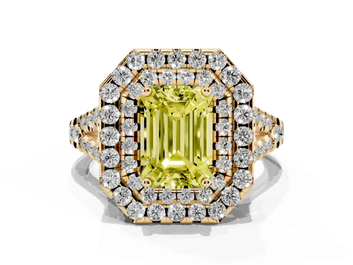 Fancy Yellow Double Halo Emerald Cut Diamond Pavé Split Shank Ring with Prong Setting Yellow gold