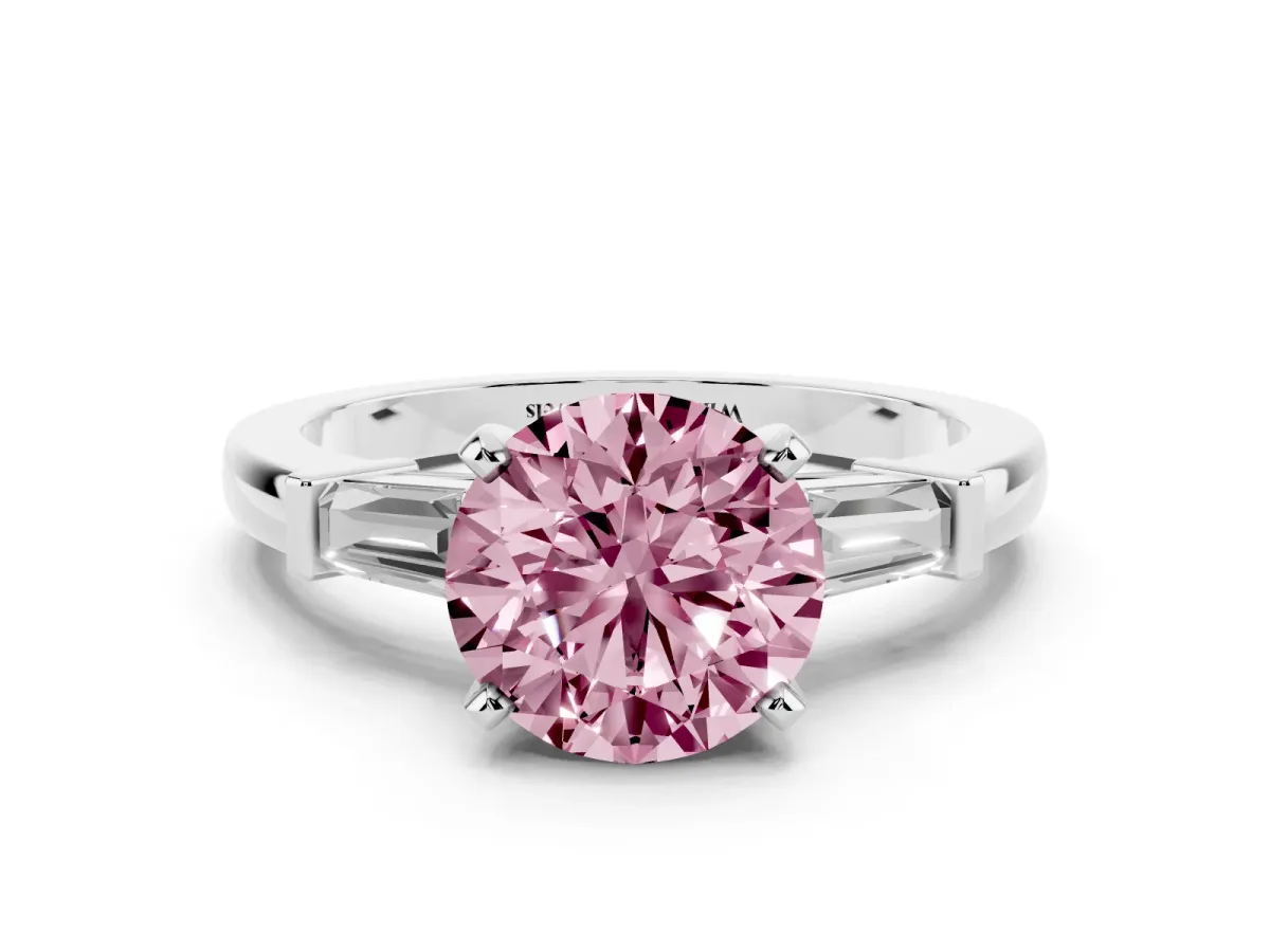 Fancy Pink Round Cut Cut Diamond Solitaire Ring with Tapered Baguette Accents and Four-Prong Setting Silver