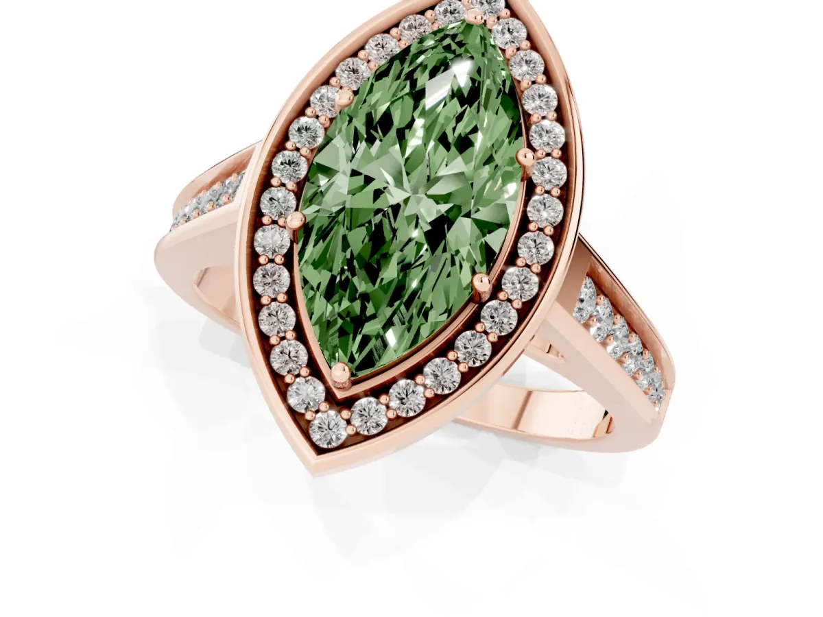 Fancy Green Marquise Cut Halo Solitaire Diamond Ring with Pave Band and Bezel Setting Rose gold