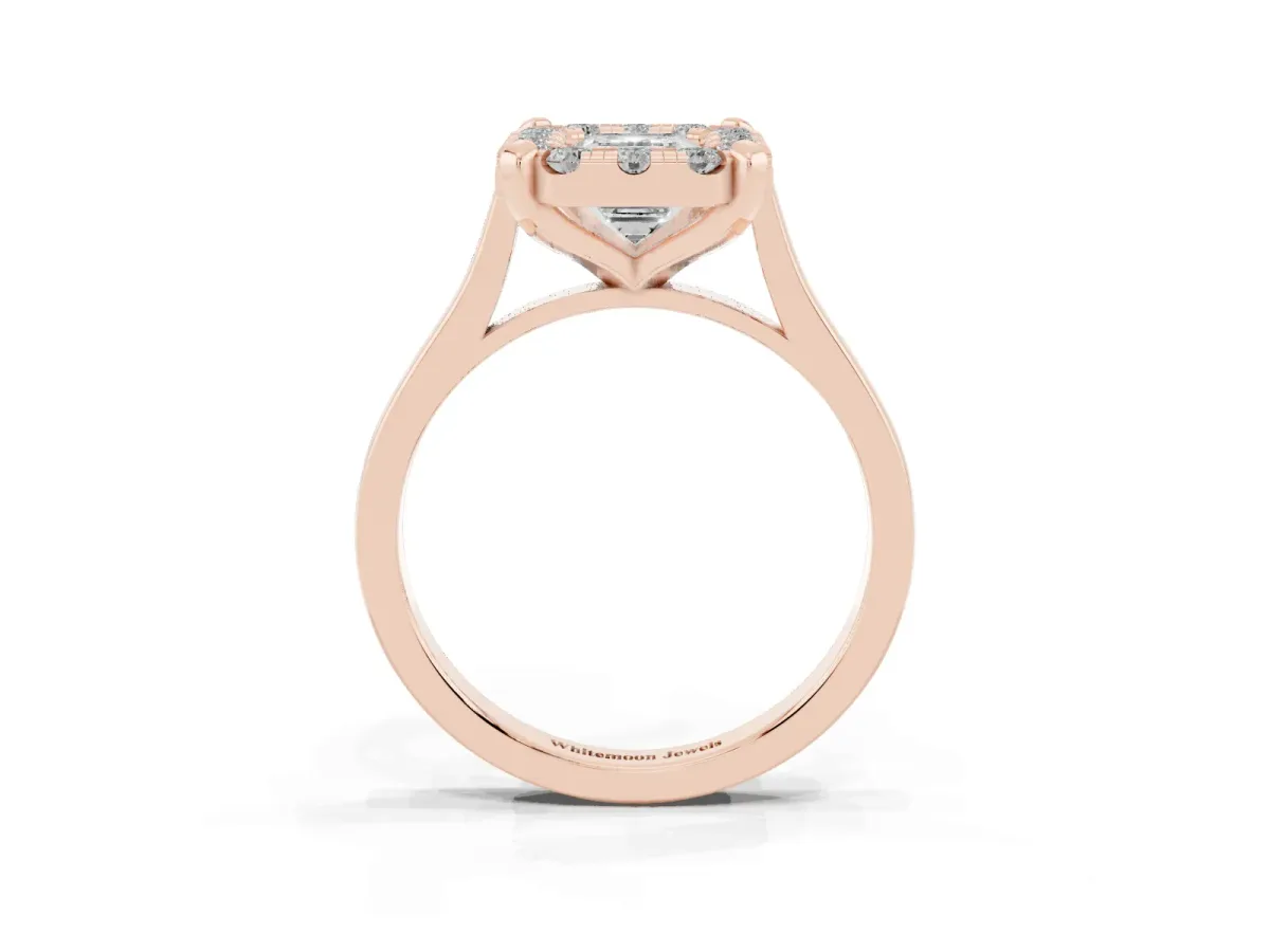 Emerald Cut Diamond Cluster Halo Solitaire with Four-Prong Setting Rose gold