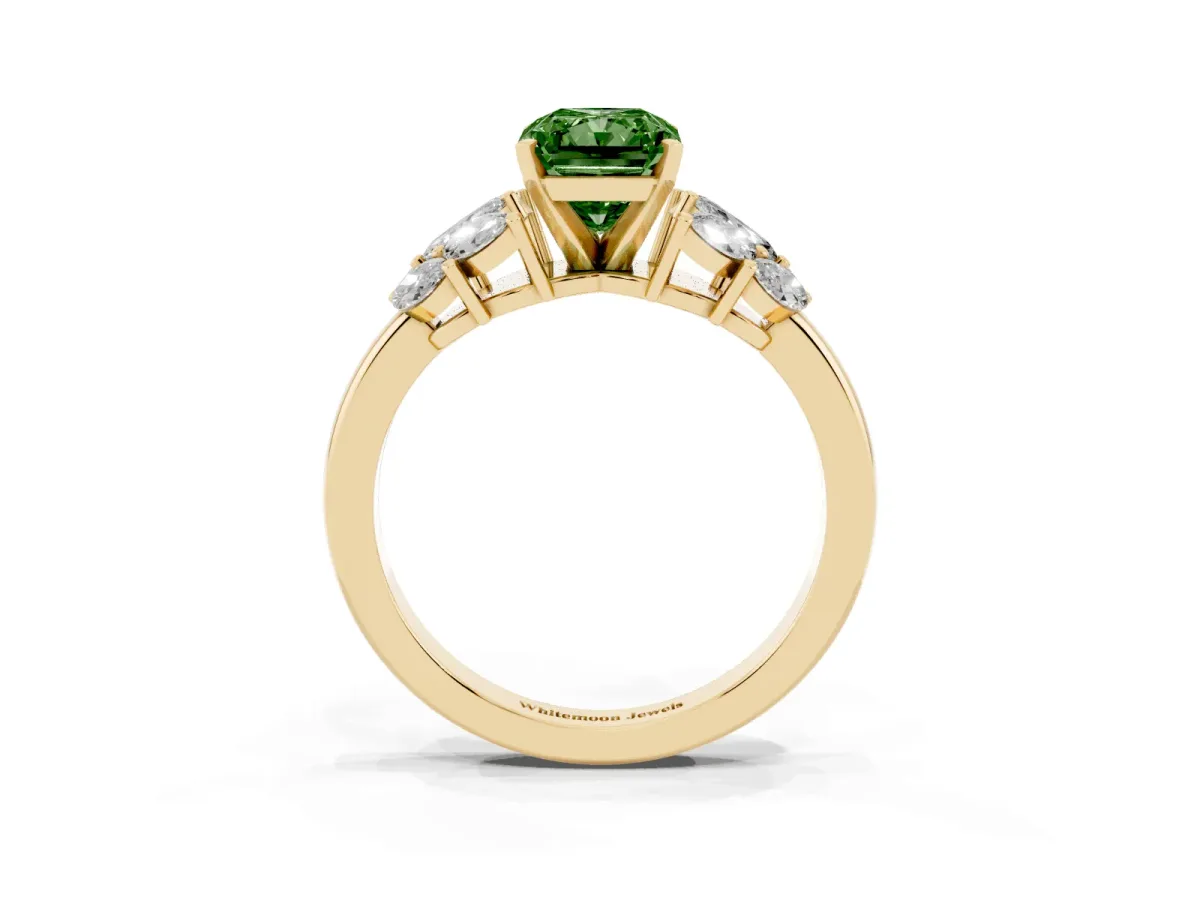Fancy Green Radiant Cut Diamond Cluster Leaf Design Ring with Prong Setting Yellow gold